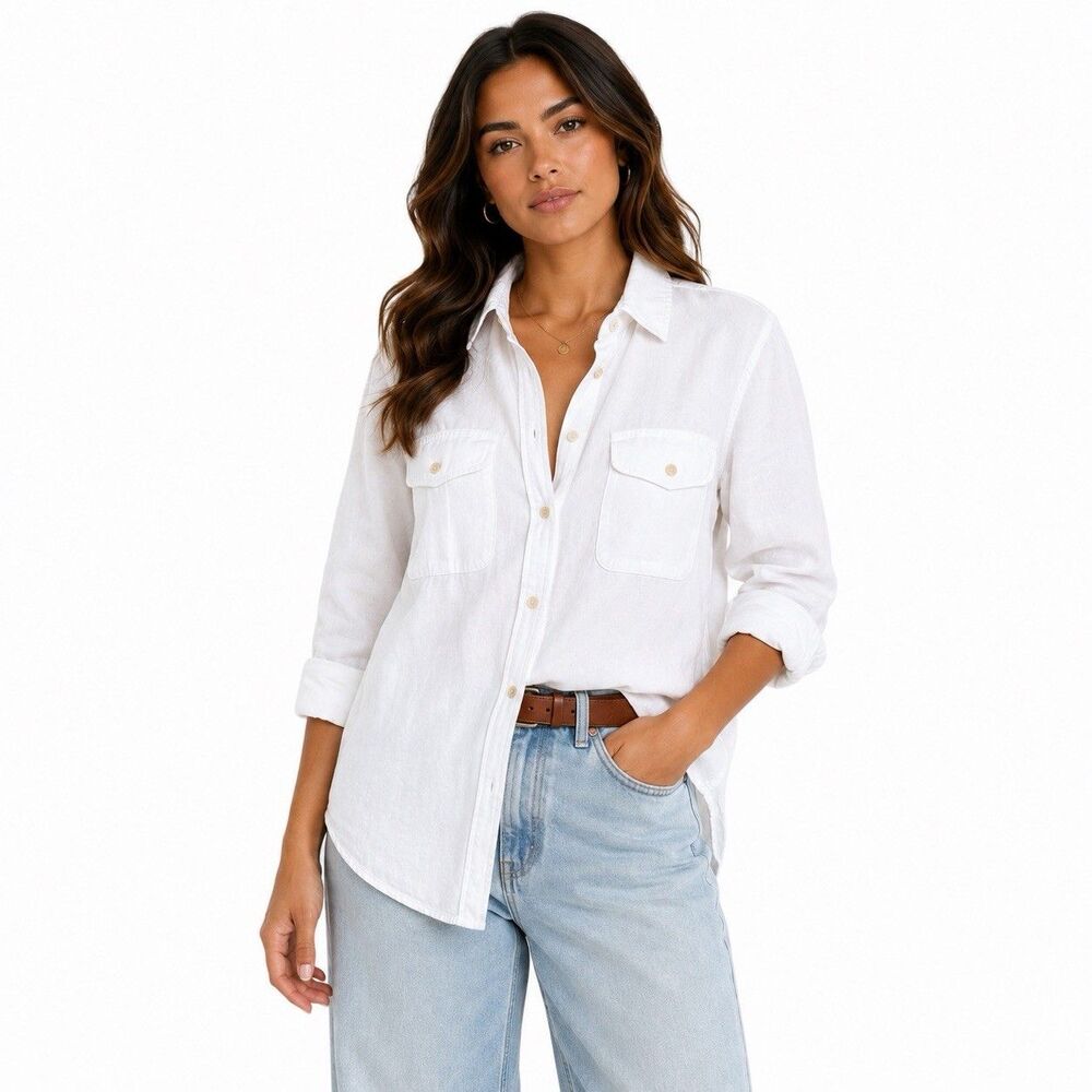 Madewell Women Denim Classic Button-Up Shirt White Preppy Top Size Small Casual